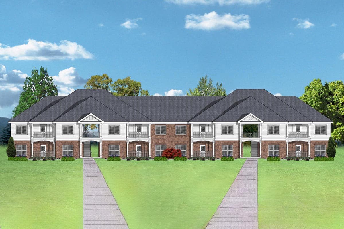 House plan exterior. Two-story multi-unit building with gabled roofline, multiple balconies, and brick and siding facade.