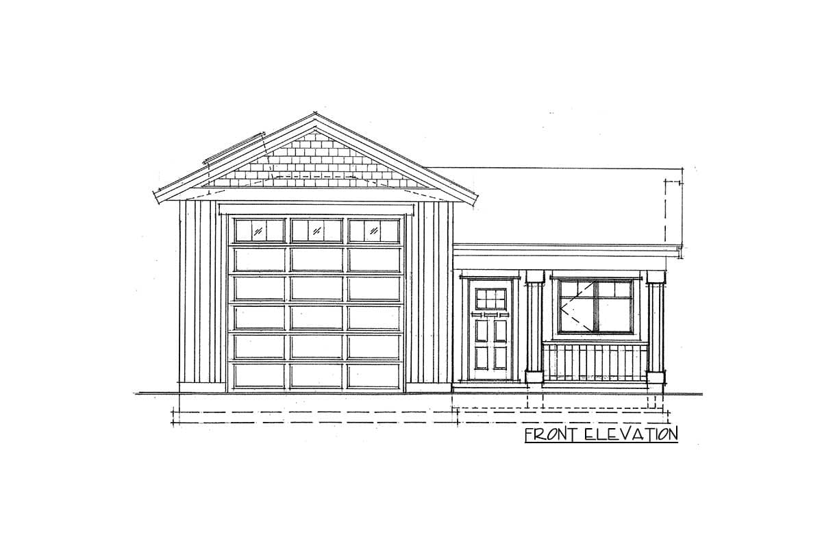 Front elevation drawing of a house plan featuring a large garage door, covered porch with columns, and a gable roof with shingles.