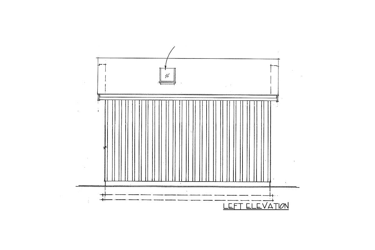 Architectural drawing showing the left elevation of a house plan with vertical siding and a dormer.