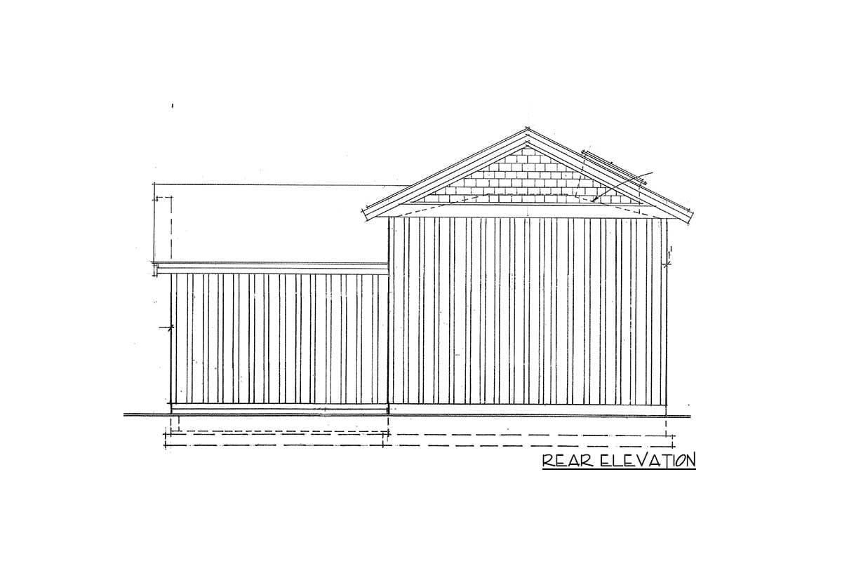 Rear elevation drawing of a house plan with vertical siding, a gabled roof, and visible dormer.