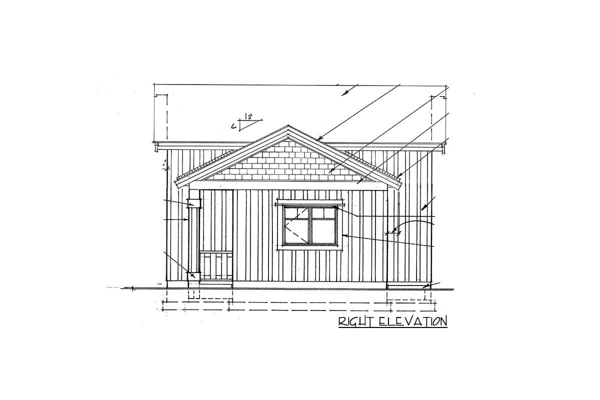 Right elevation drawing showing wood siding, gabled roof with shingles, and a single window.