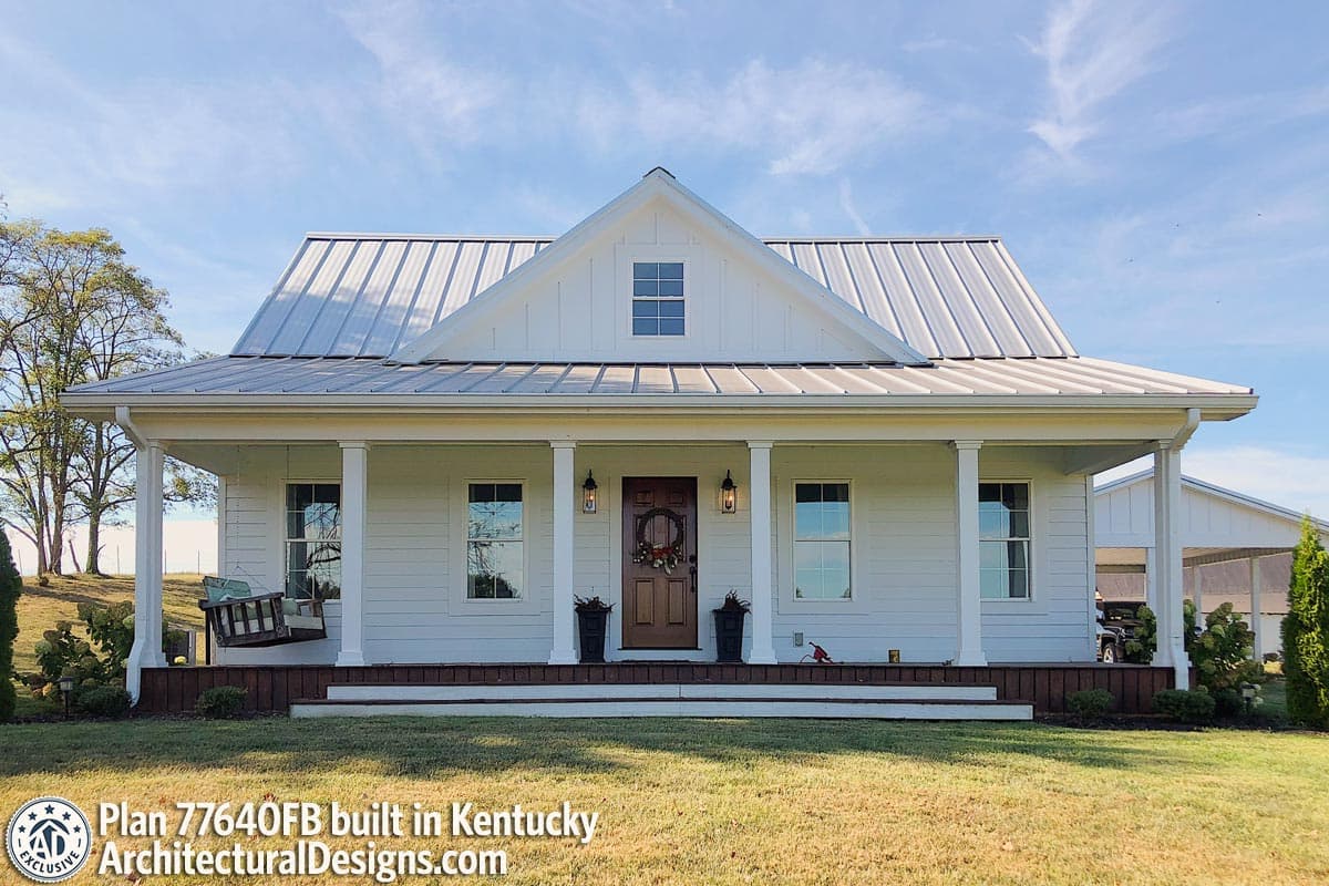 Modern Farmhouse house plan exterior with a wraparound porch, metal gable roof, and dormer window.