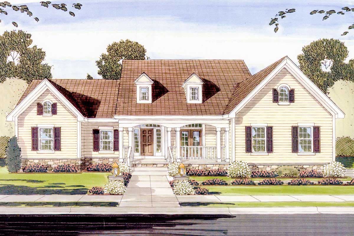 House plan exterior. Ranch-style home with a front porch, dormers, and a gable roof. Features include shuttered windows and a central entry.