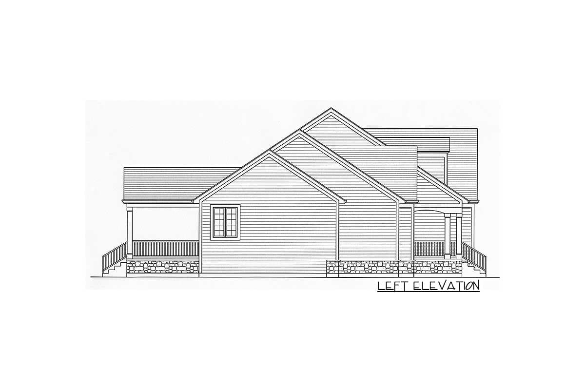Left elevation house plan showing multiple gables, a covered porch with stone foundation, and siding.