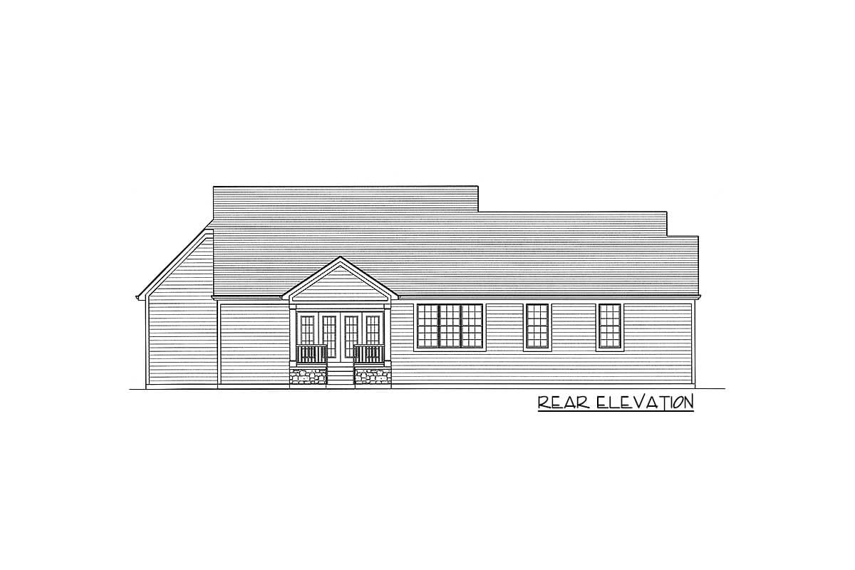 Rear elevation drawing of a one-story house with a gabled entrance porch supported by stone pillars and multiple windows.