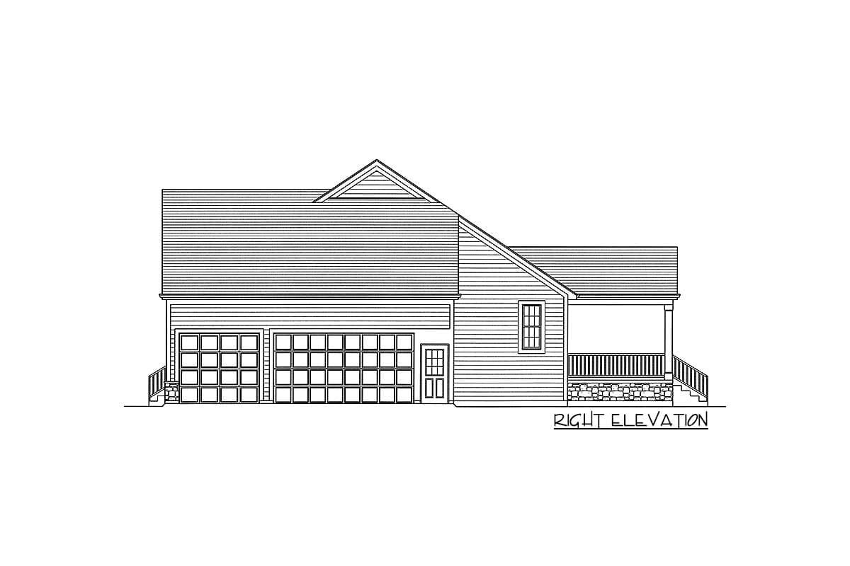 Right elevation house plan with attached 3-car garage, covered porch with stone foundation, and gabled roof.