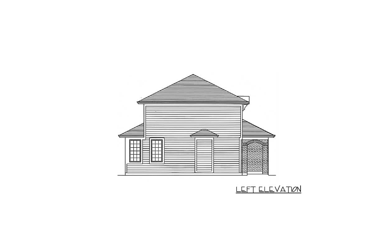 Left elevation drawing of a two-story house plan featuring horizontal siding, a prominent hip roof, and an arched garage entrance.