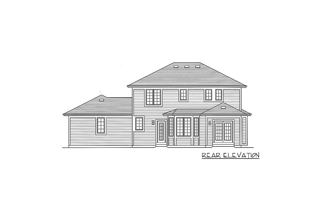 Rear elevation drawing of a two-story house with gabled roof, dormers, and a covered entryway with double doors.