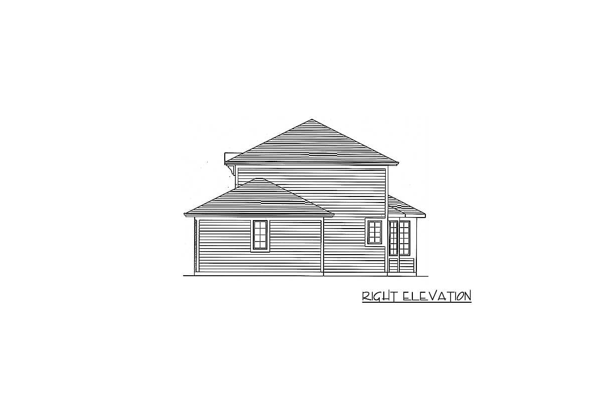 Right elevation drawing of a two-story house with horizontal siding, a hip roof, and dormer window.
