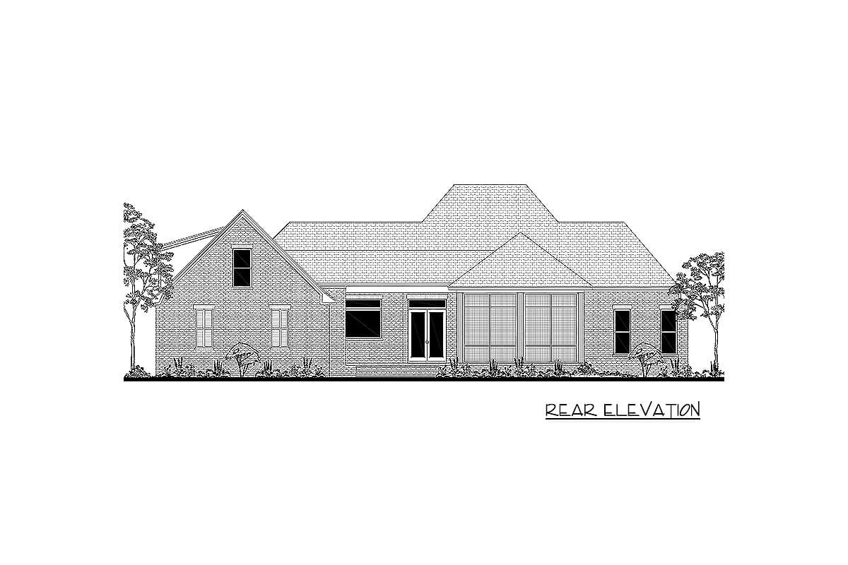 Rear elevation house plan drawing showing a single-story brick home with multiple gables, a sunroom, and various window placements.
