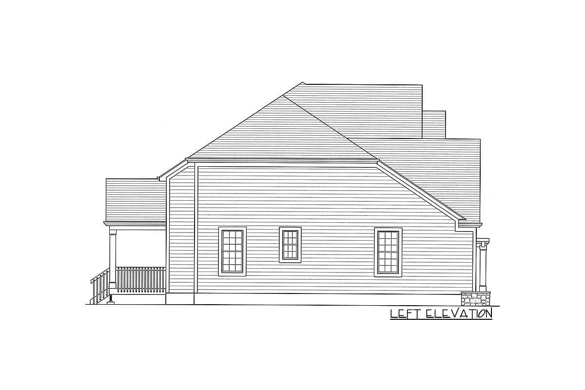 Left elevation house plan showing a porch with railings, multiple windows, and a layered roofline.