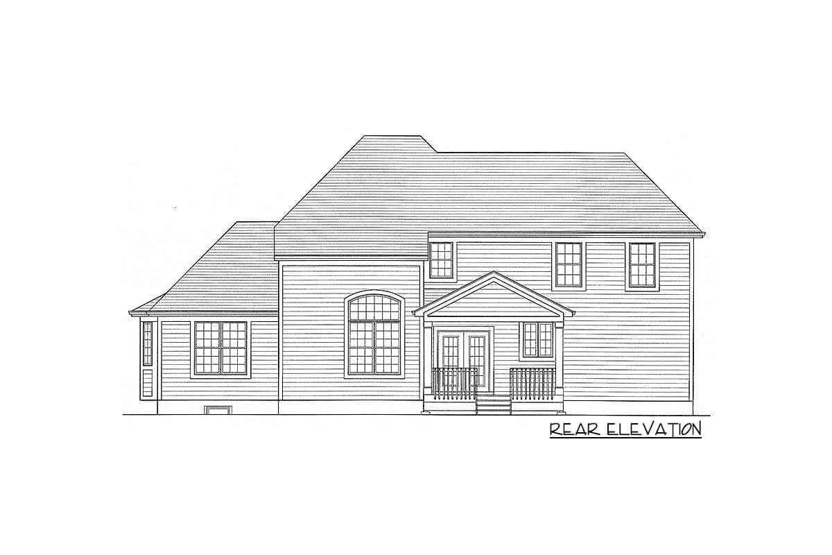 Rear elevation drawing of a two-story house with a covered porch, gabled entrance, and multiple windows.