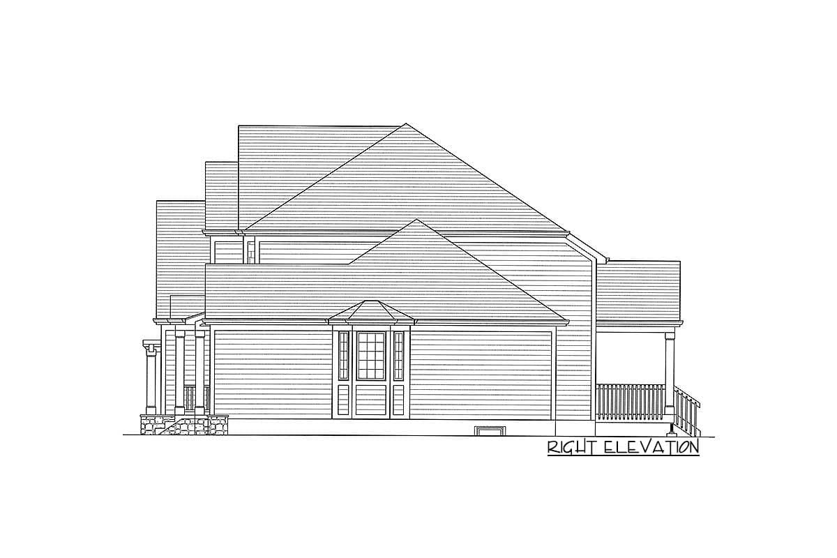 House plan right elevation with layered gables, bay window, columns, and covered porch.