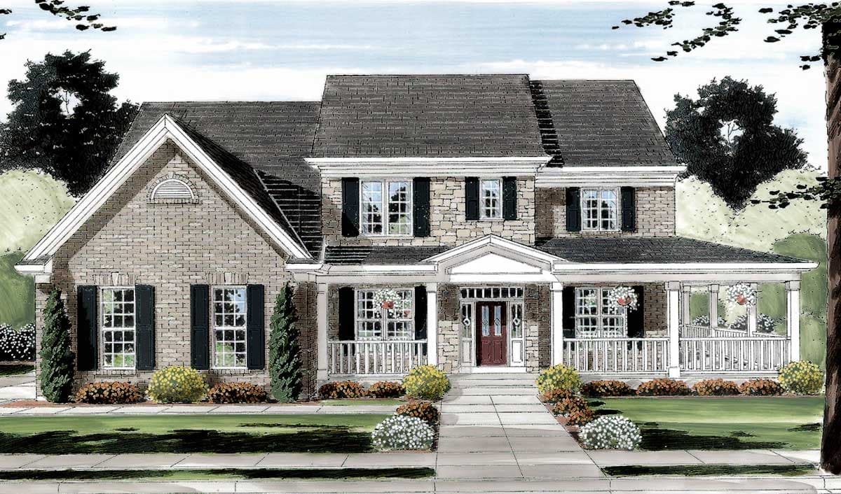 House plan exterior. Two-story Colonial with gabled roof, brick facade, covered porch with columns, and multiple dormers.