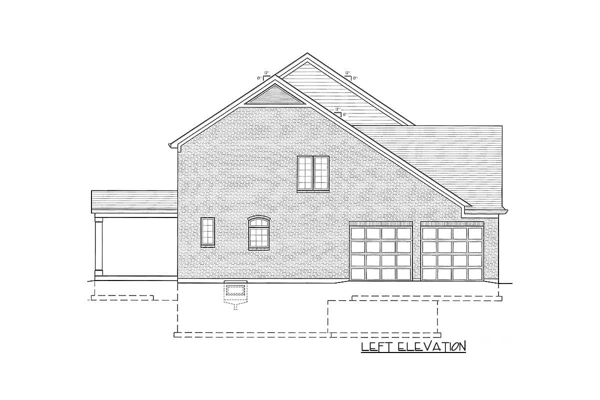 Left elevation drawing of a brick house plan with a covered porch, gable vent, and two-car garage.