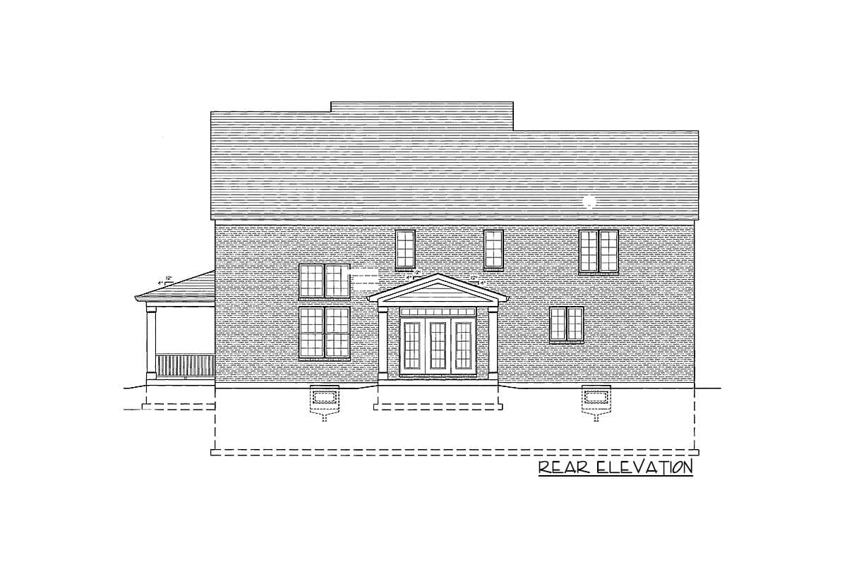 Rear elevation drawing of a two-story brick house with a covered porch, central double door entrance, and multiple windows.