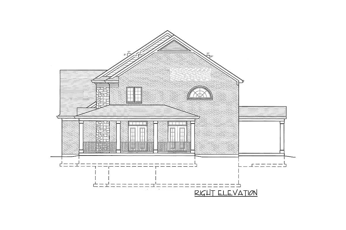 Right elevation drawing of a house plan with a covered porch, stone accents, and a half-round attic window.
