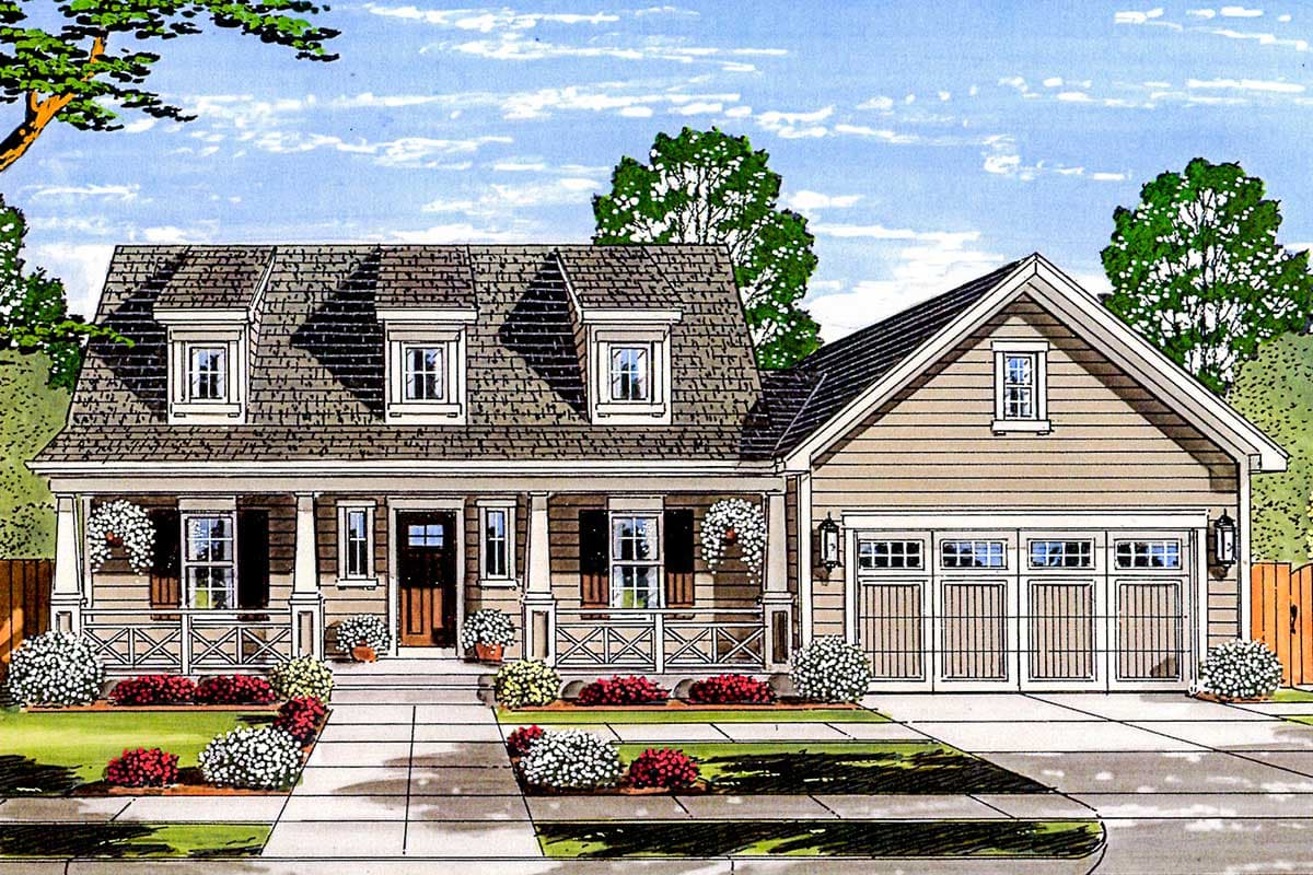 House plan exterior with Craftsman style, two stories, front porch, dormers, and attached garage. Includes a gabled roofline.