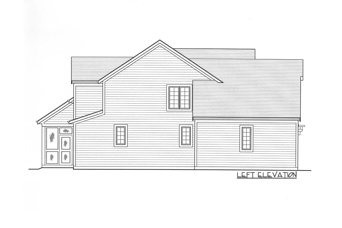 Left elevation house plan showing siding, multiple windows, and a covered entry with transom.