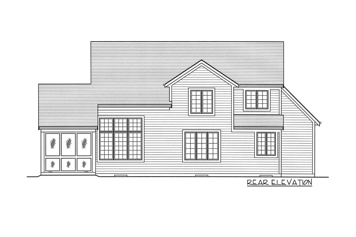Rear elevation drawing of a two-story house plan with horizontal siding, gabled roof, and multiple grid windows.