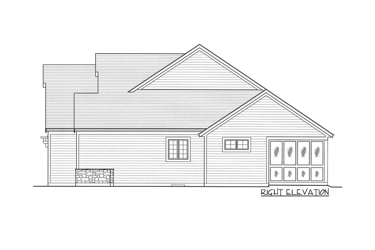 Right elevation drawing of a house plan showing gabled roofs, horizontal siding, multiple windows, and a screened porch.