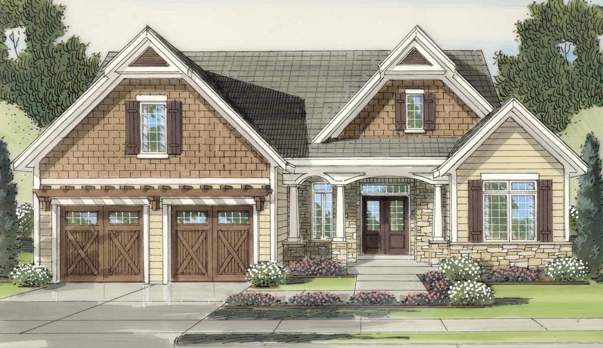 House plan exterior. Craftsman style with gabled roof, stone accents, and pergola over the two-car garage. Porch with columns and double front doors.