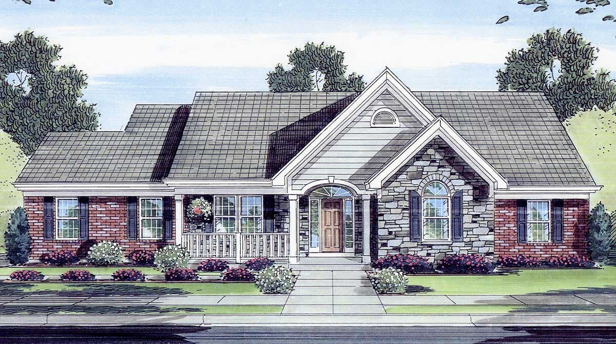 House plan exterior with stone and brick facade, gabled roof, and front porch. Features an arched doorway and windows with shutters.