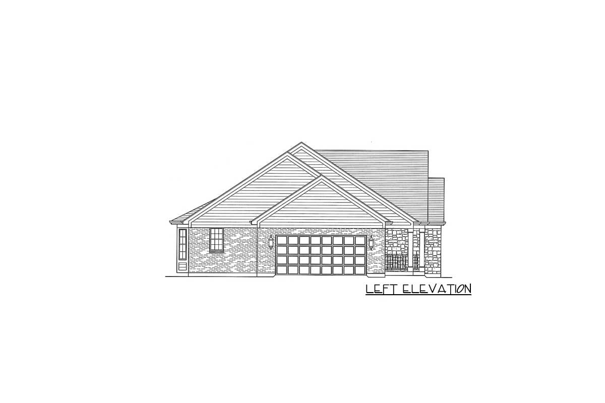 Left elevation of a house plan showing a two-car garage, brick and stone exterior, and prominent gable.