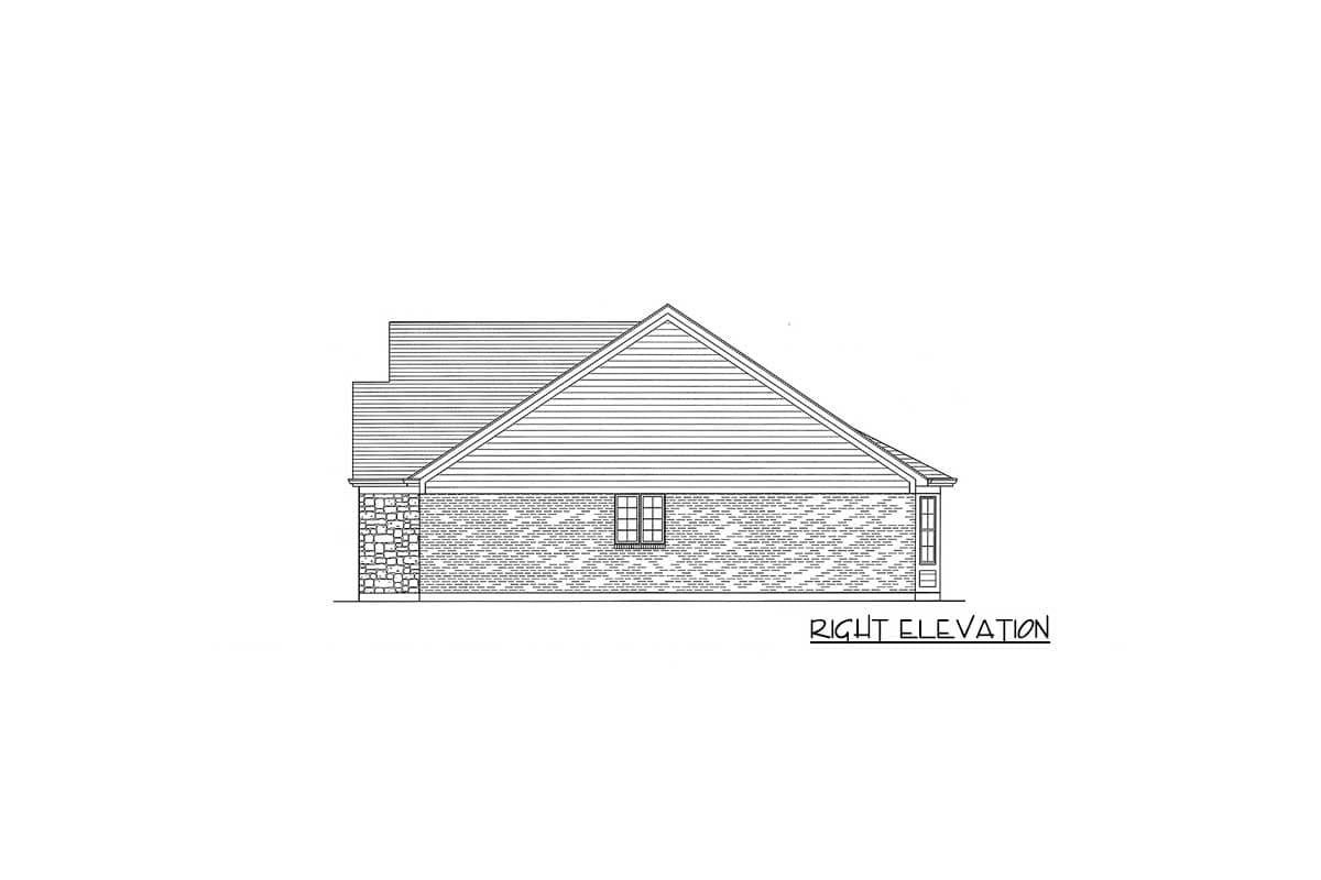 Right elevation drawing of a house plan featuring brick and stone siding, a gable roof, and windows.