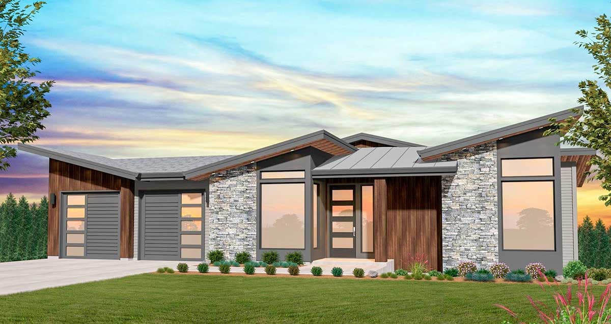 House plan exterior. Modern style with flat roof and stone facade. Features include a garage, large windows, and an asymmetrical design.