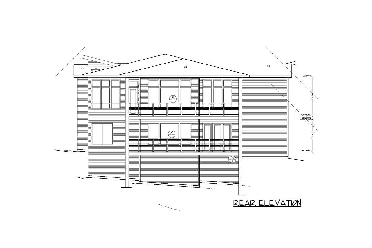 Rear elevation drawing of a three-story house plan with horizontal siding, multiple windows, and two continuous balconies.