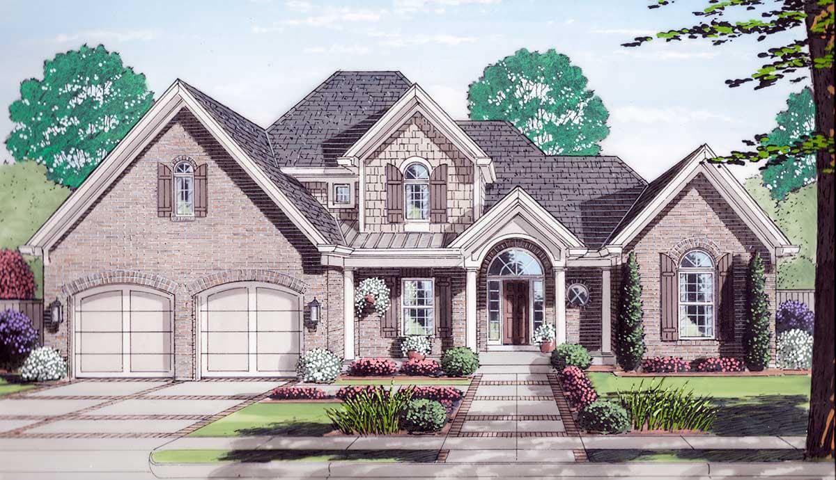 House plan exterior with two stories and a brick facade. Features include gabled roof, arched entryway, and a two-car garage.