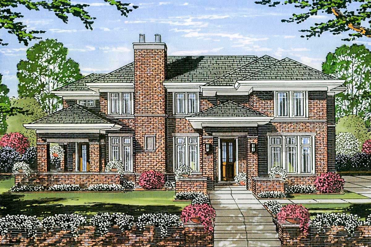 House plan exterior. Two-story brick home with a gable roof, covered porch, and a prominent brick chimney. Features a flat roof over the front door.
