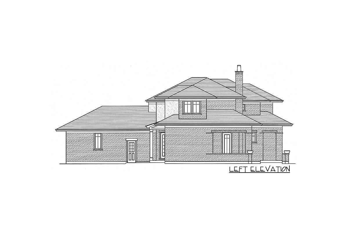 Left elevation drawing of a two-story brick house with a gabled roof, dormer windows, and a prominent chimney.