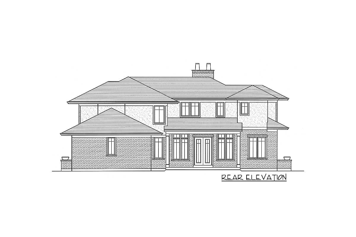 Rear elevation house plan with multiple gables, a central covered entry, and brick detailing.