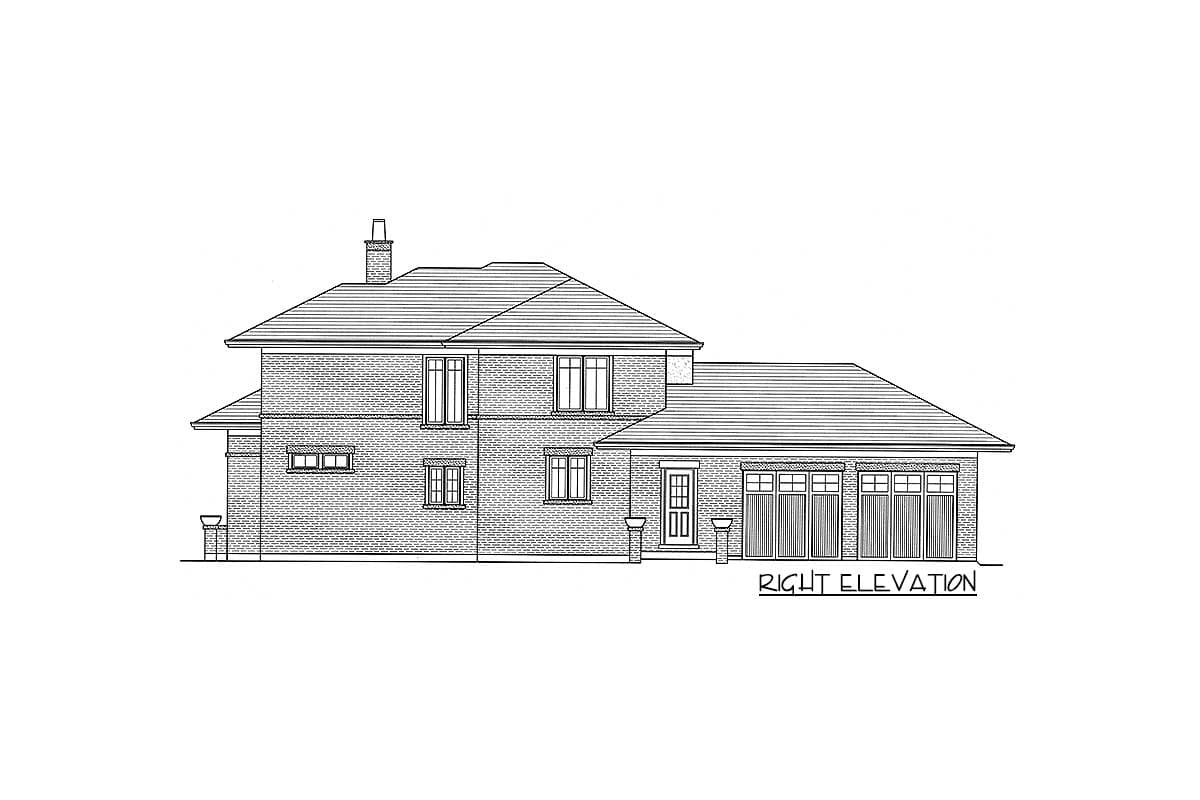 Right elevation drawing of a two-story brick house with a prominent hip roof, multiple windows, a chimney, and a three-car garage.
