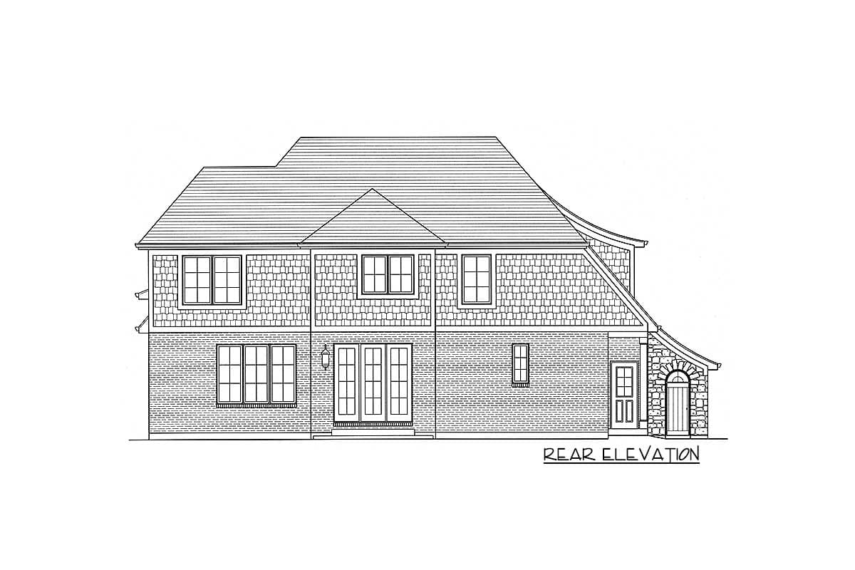 Rear elevation drawing of a two-story house plan featuring varied window styles, double doors, and an arched stone entryway.
