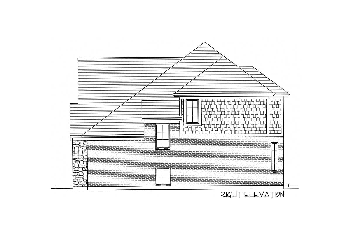 Right elevation drawing of a house plan. Features stone base, brick walls, shingle siding, and layered rooflines with dormers.