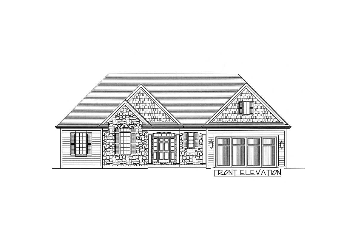 Front elevation house plan with stone accents, gable dormers, and a multi-car garage.