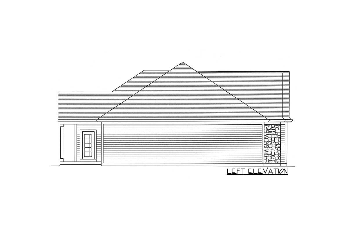 Left elevation house plan showing a steeply pitched roof, horizontal siding, stone accent on the right, and a front-facing door.