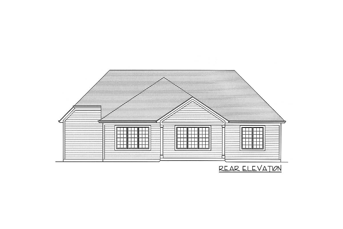 Rear elevation drawing of a single-story house plan with a gable roof, prominent dormer, and three grid-pane windows.