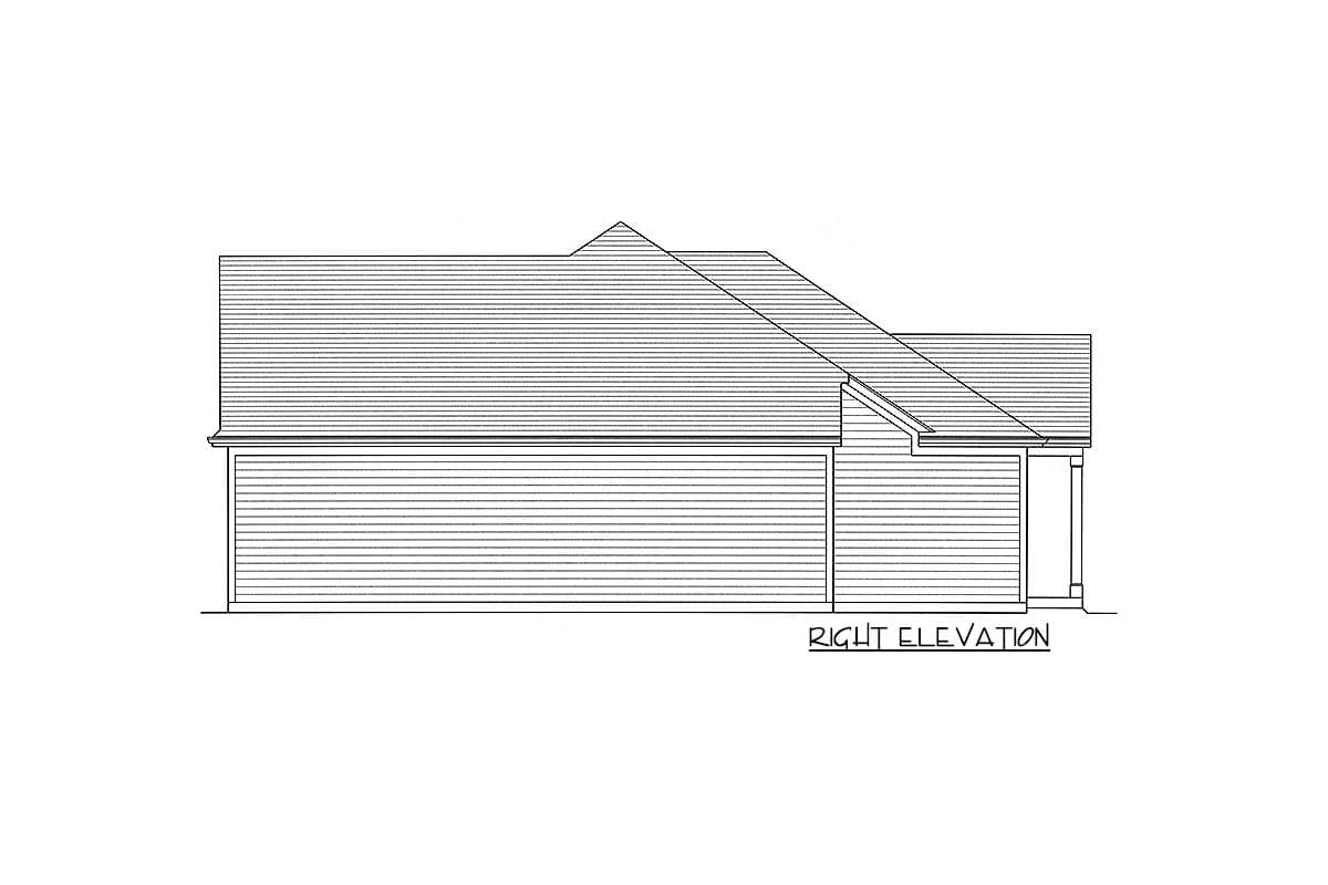 House plan right elevation drawing with horizontal siding and varied rooflines.