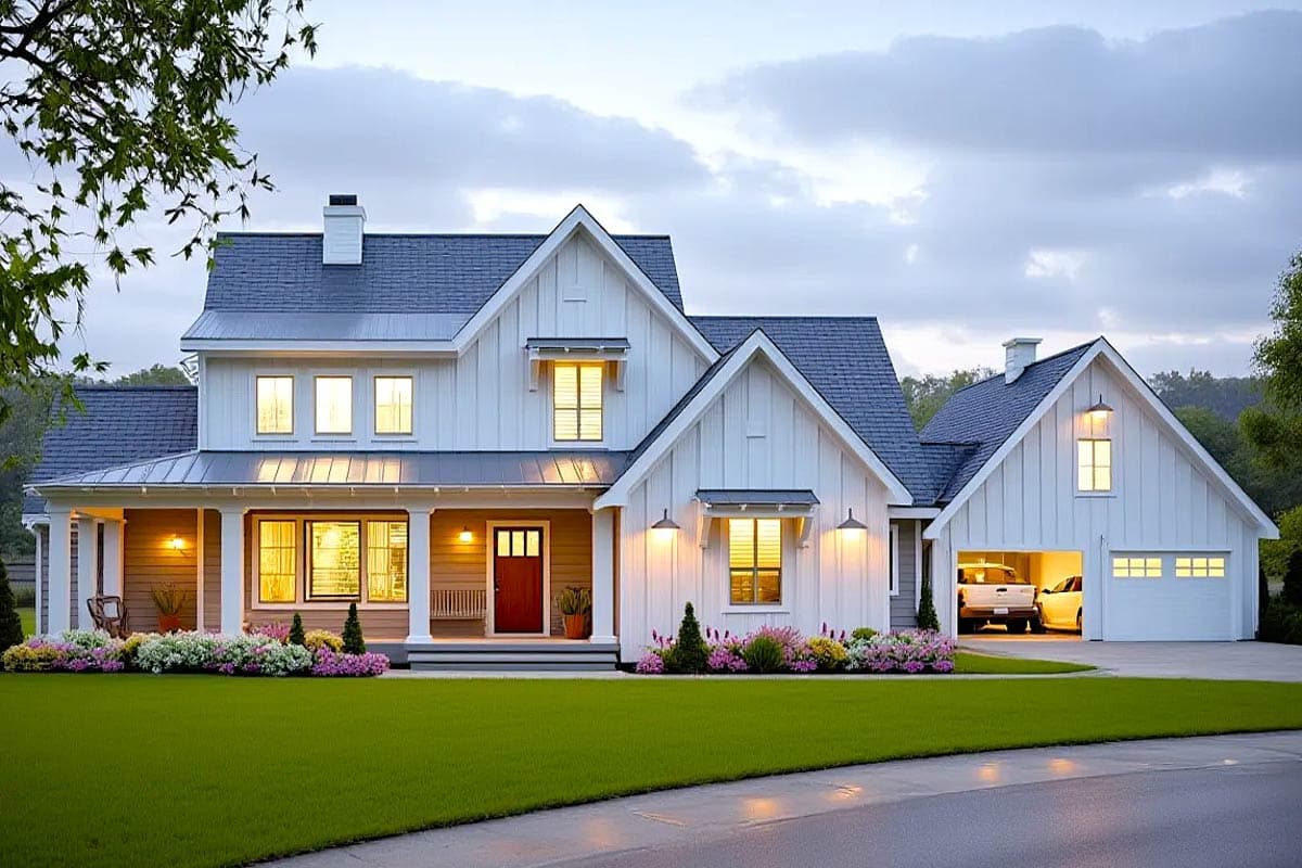 House plan exterior of a two-story Modern Farmhouse. Features include a front porch, gabled rooflines, and an attached garage.