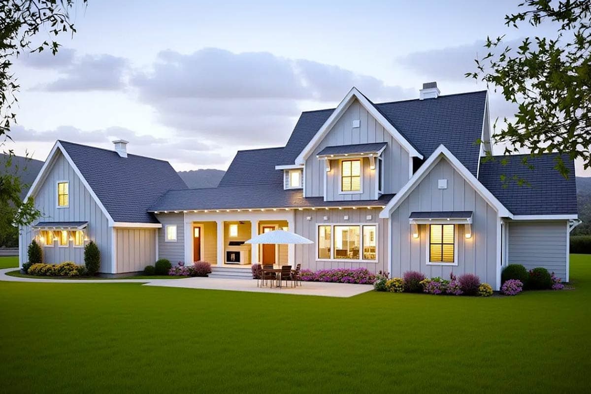 Modern Farmhouse house plan exterior with multiple gables, a covered porch with columns, and a detached garage.