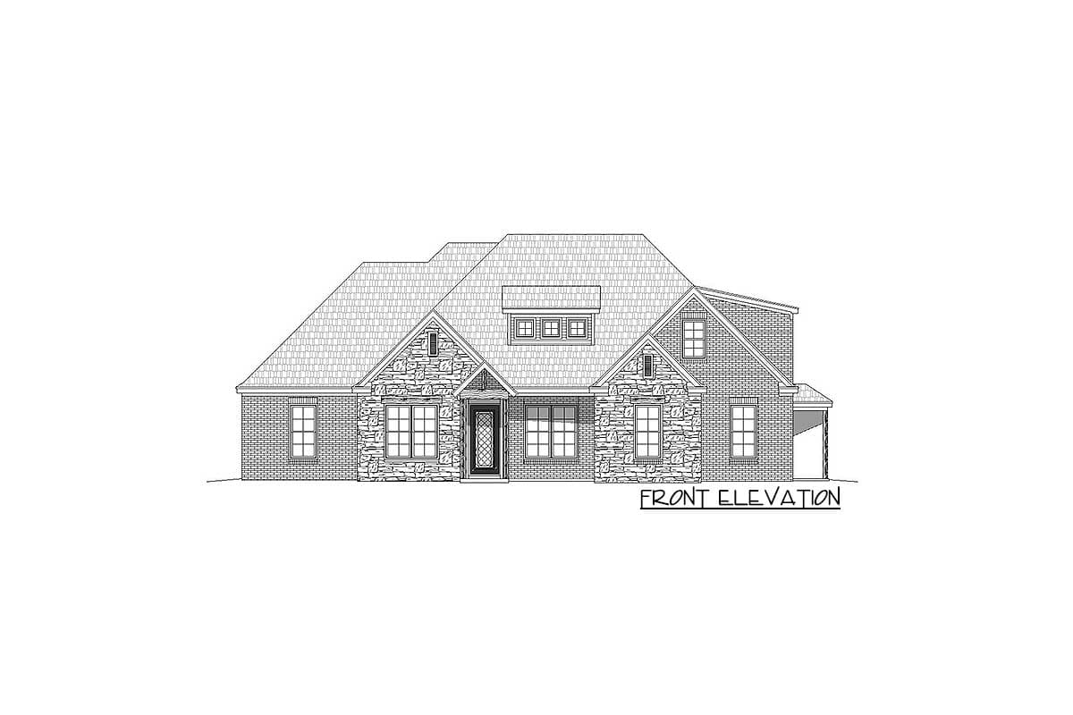 Front elevation drawing of a two-story house plan with stone accents, multiple gables, dormers, and an attached garage.