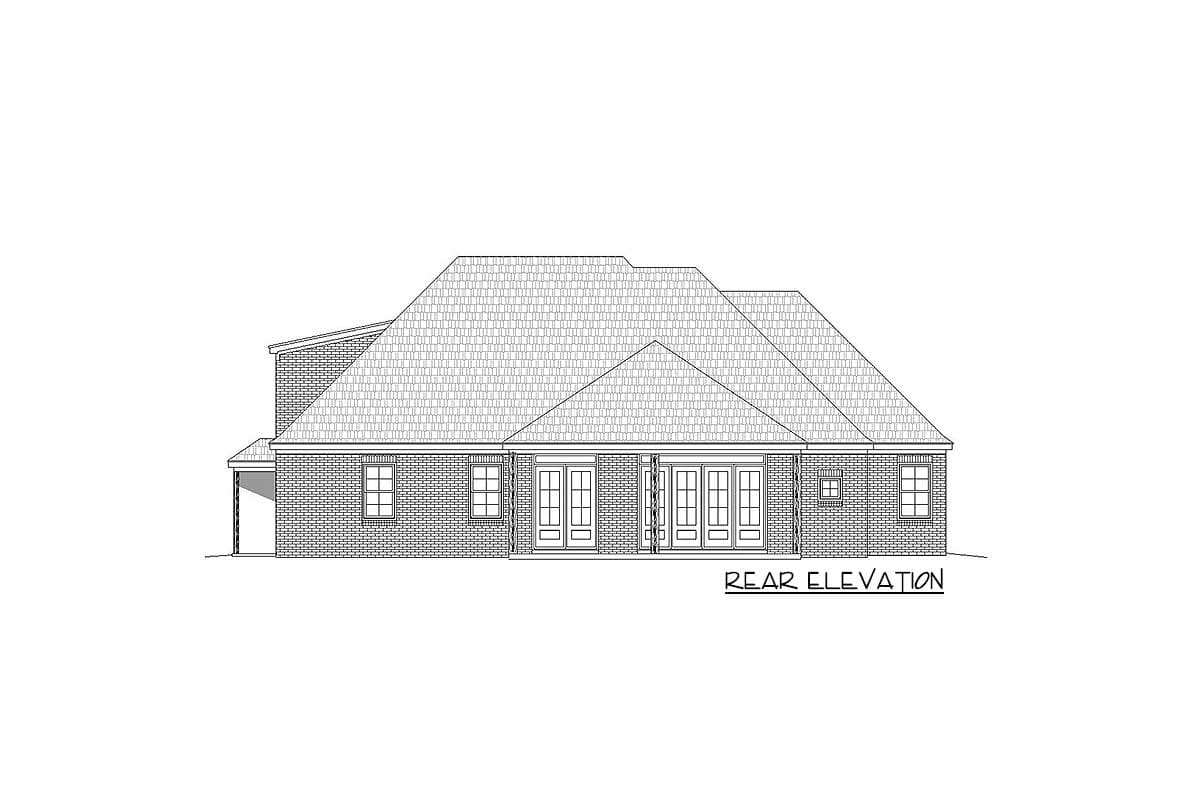 Rear elevation house plan showing a brick exterior with multiple gables, dormers, double doors, and a side garage.