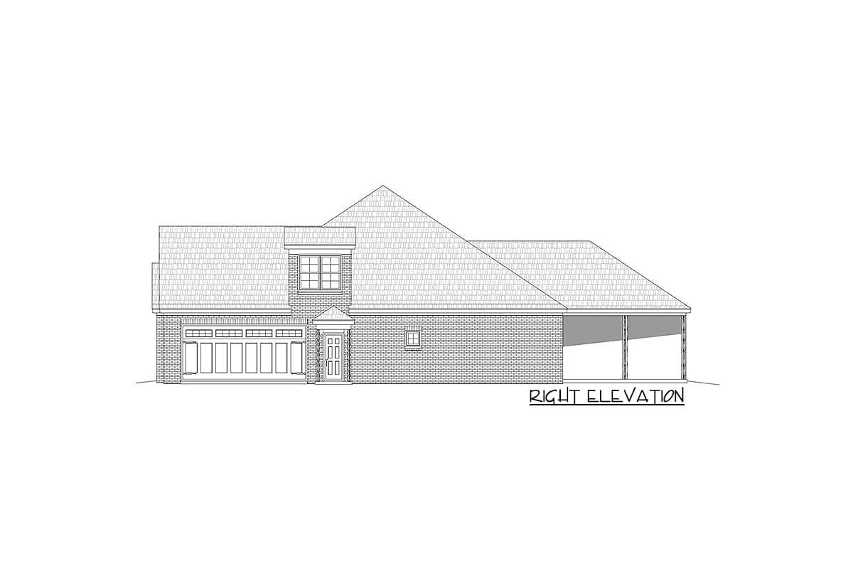 Right elevation drawing of a two-story brick house with a front-facing garage and covered side porch.