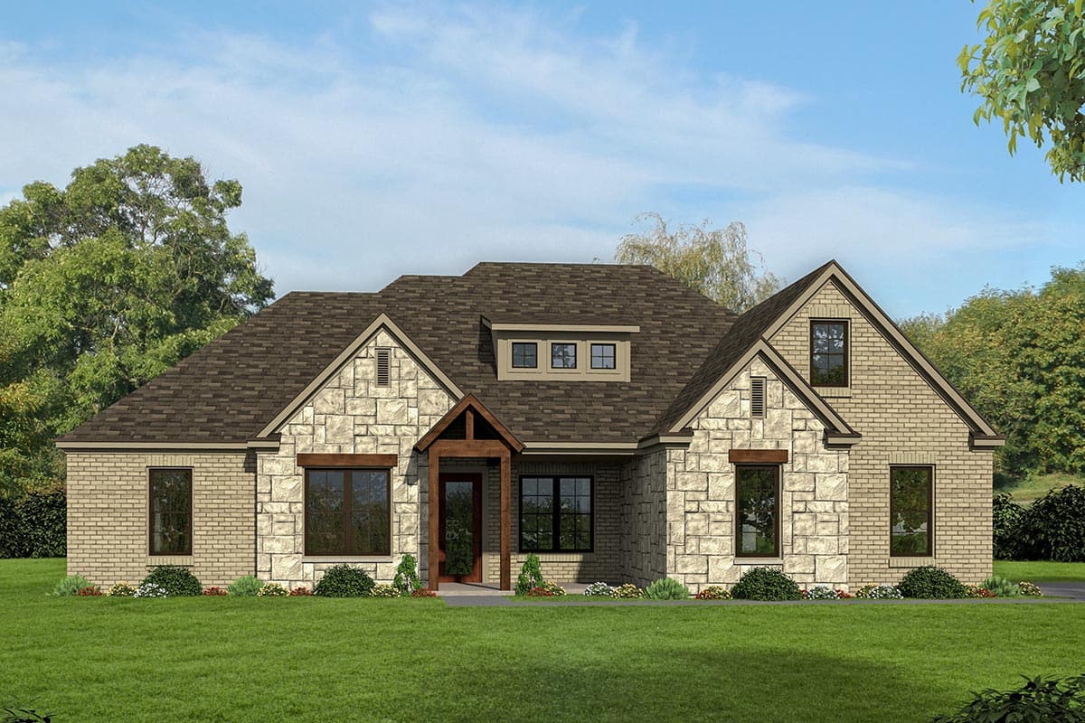 House plan exterior. Stone and brick facade with multiple gables. Features a covered porch and dormer windows.
