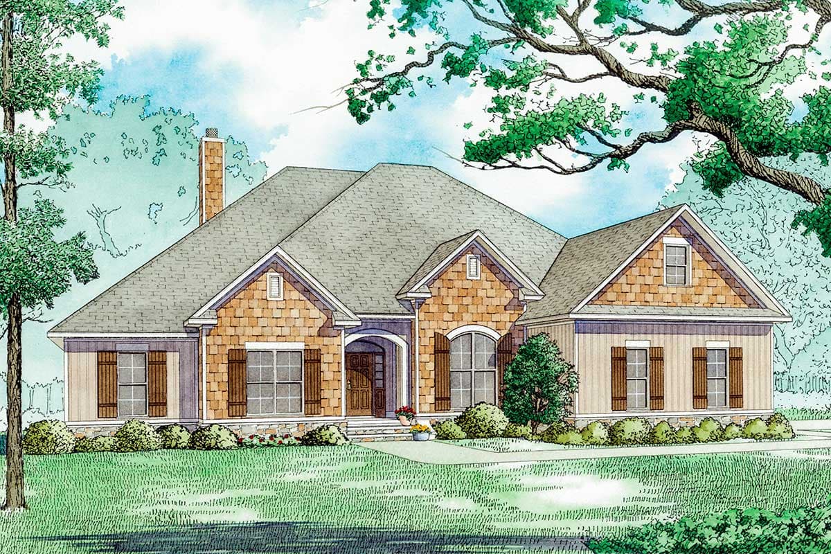 House plan exterior featuring a Craftsman style. The one-story design has multiple gables, arched entryway, and wooden shutters on windows.