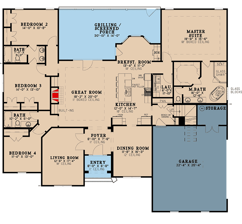 Plan 70586MK: 4-Bed Traditional-Style House Plan with Bonus Over Garage - 2646 Sq Ft - Floor Plan - Main Level - Craftsman, Traditional